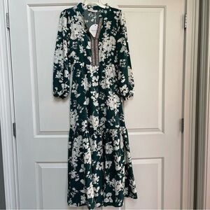 NWT Rusttydustty Floral Print Embroidery V Neck Tiered 3/4 Sleeve Maxi Dress